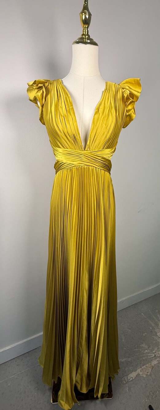 Ieena for Mac Duggal Size 4 Mustard Yellow Pleated Ruffle Gown